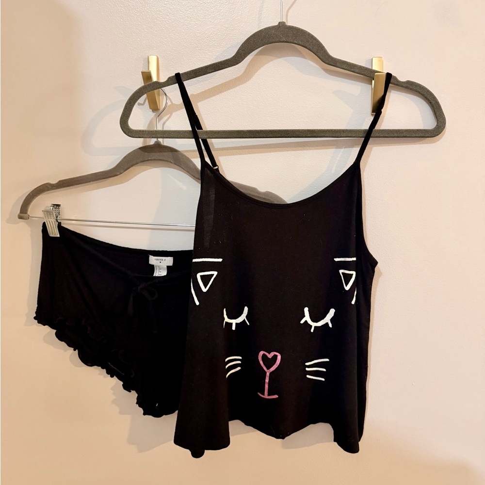 Forever 21 Black Cat Face Pajama Set